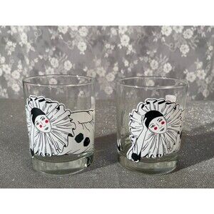 Vintage 80s Whiskey Glasses Set of Two 1980s Clown Pierrot Art Deco Tastsetter